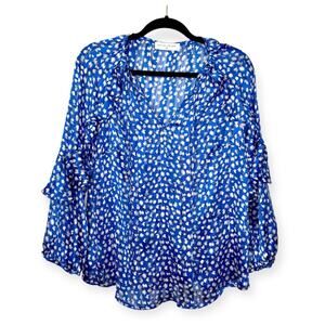 Sacha Drake blue and white spots ruffle accents casual blouse long sleeves sz 8